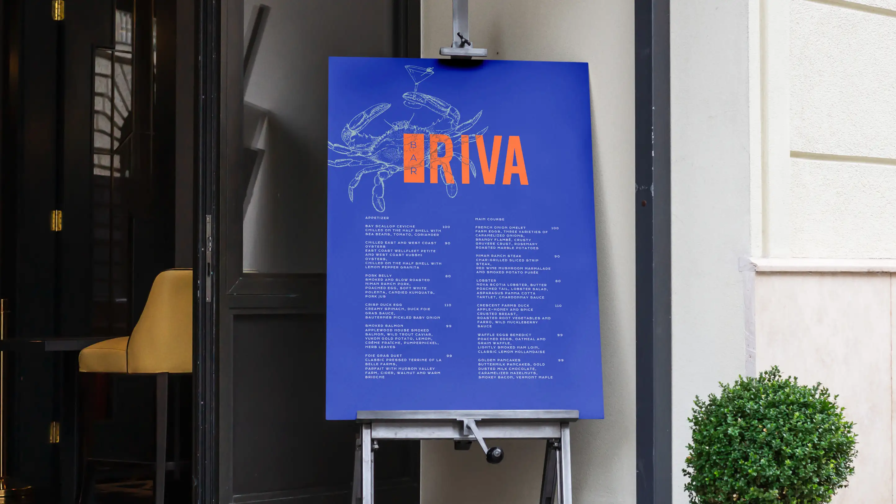 Bar Riva crab logo on blue menu board outside bar entrance.
