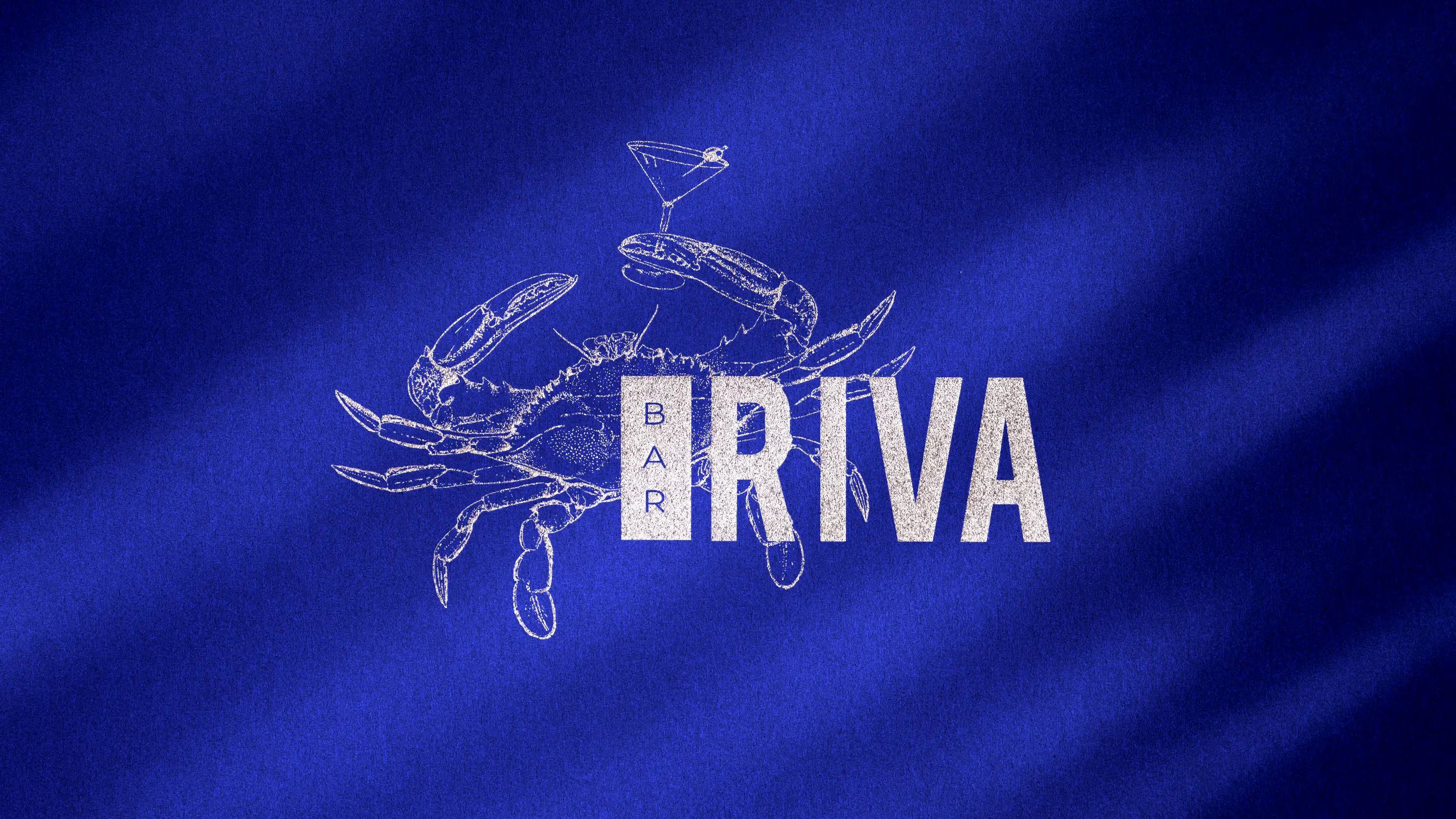 Bar Riva crab logo with light texture on deep blue background.