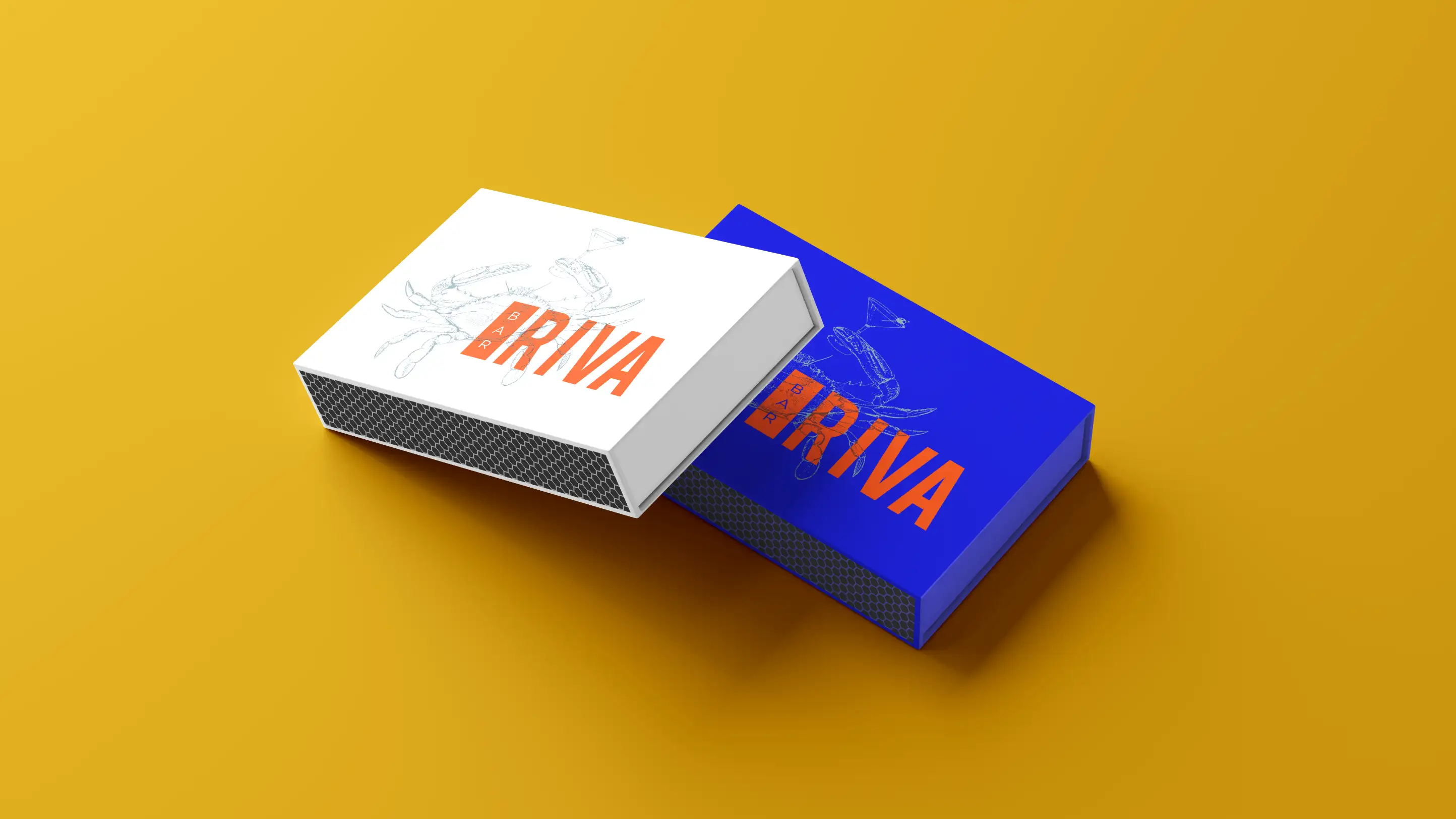 Blue and white Bar Riva matchbooks on yellow background.