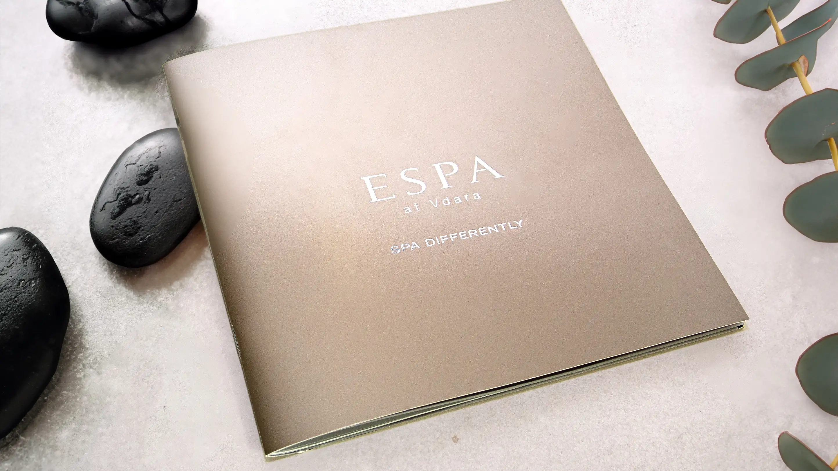 Metallic gold cover of Espa at Vdara spa brochure design.