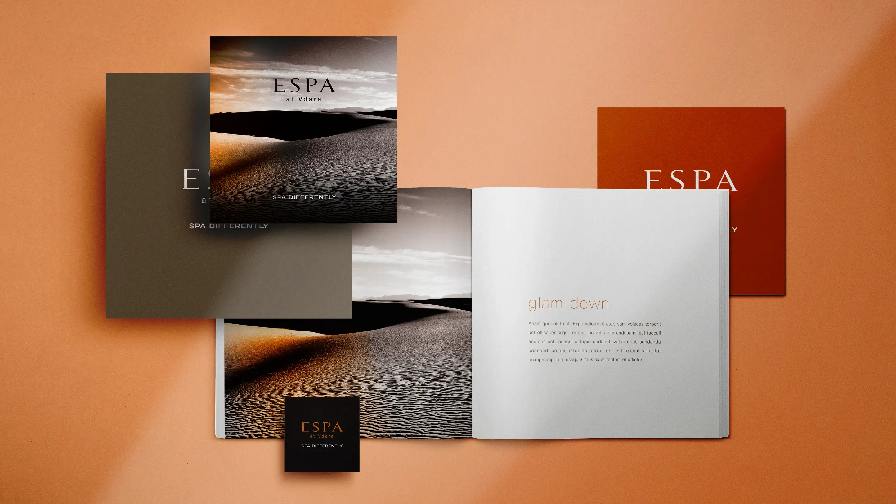 Collateral print design for Espa at Vdara spa and salon, including square brochure, offer card, comment card and ammenity card.