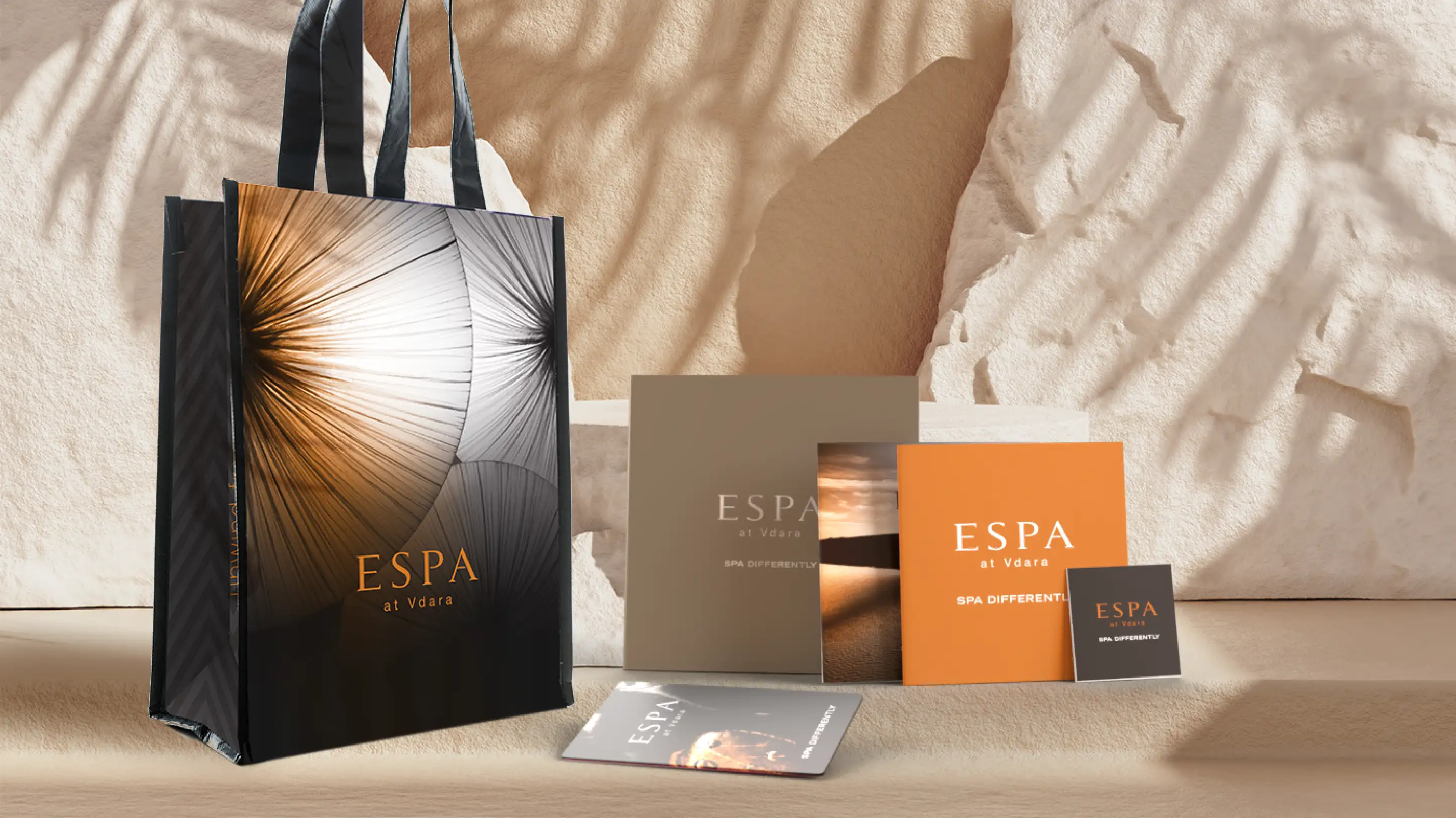 Espa at Vdara collateral design, with tote bag and hotel key card design.