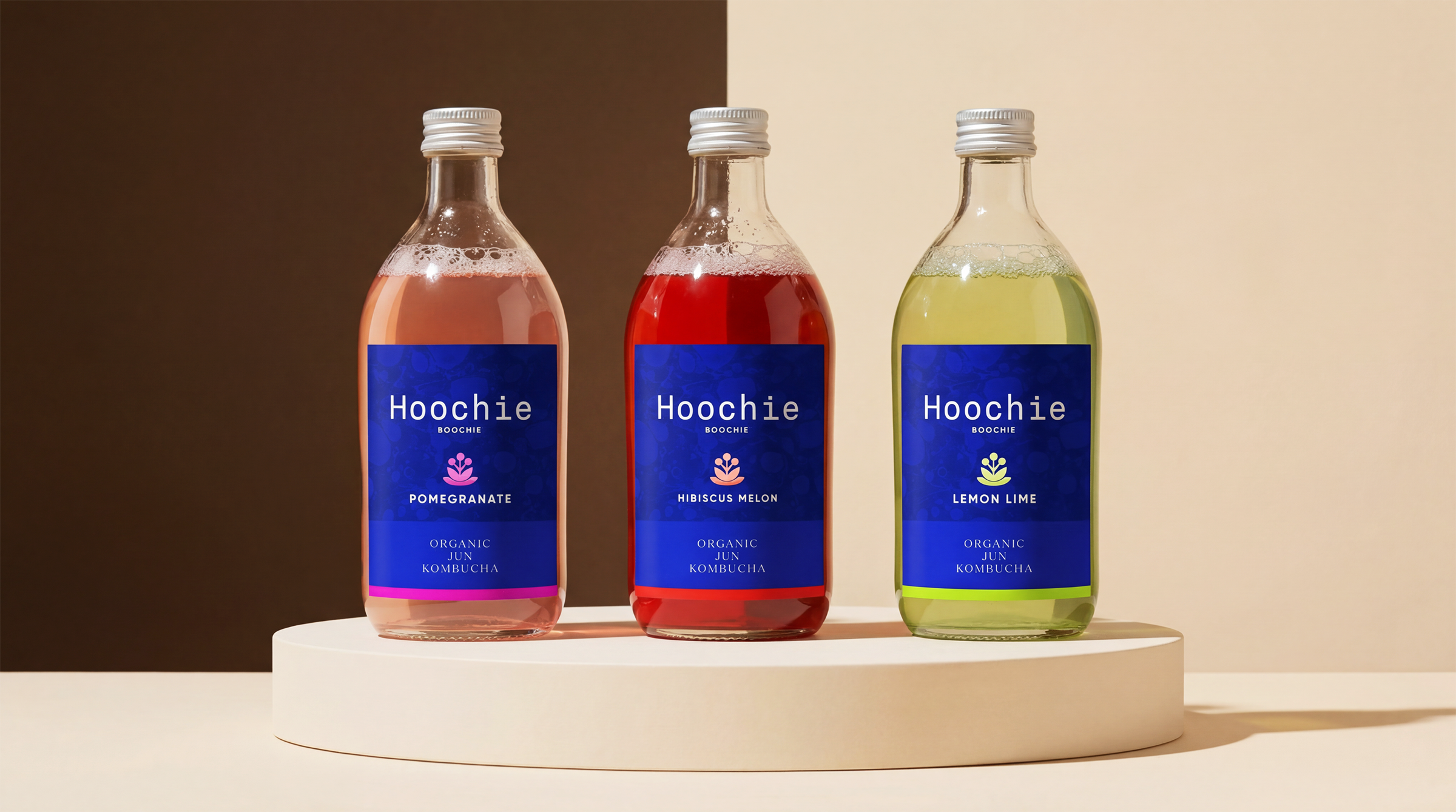 Brand concept for non-alcoholic fermented beverage. Three glass bottles with blue labels