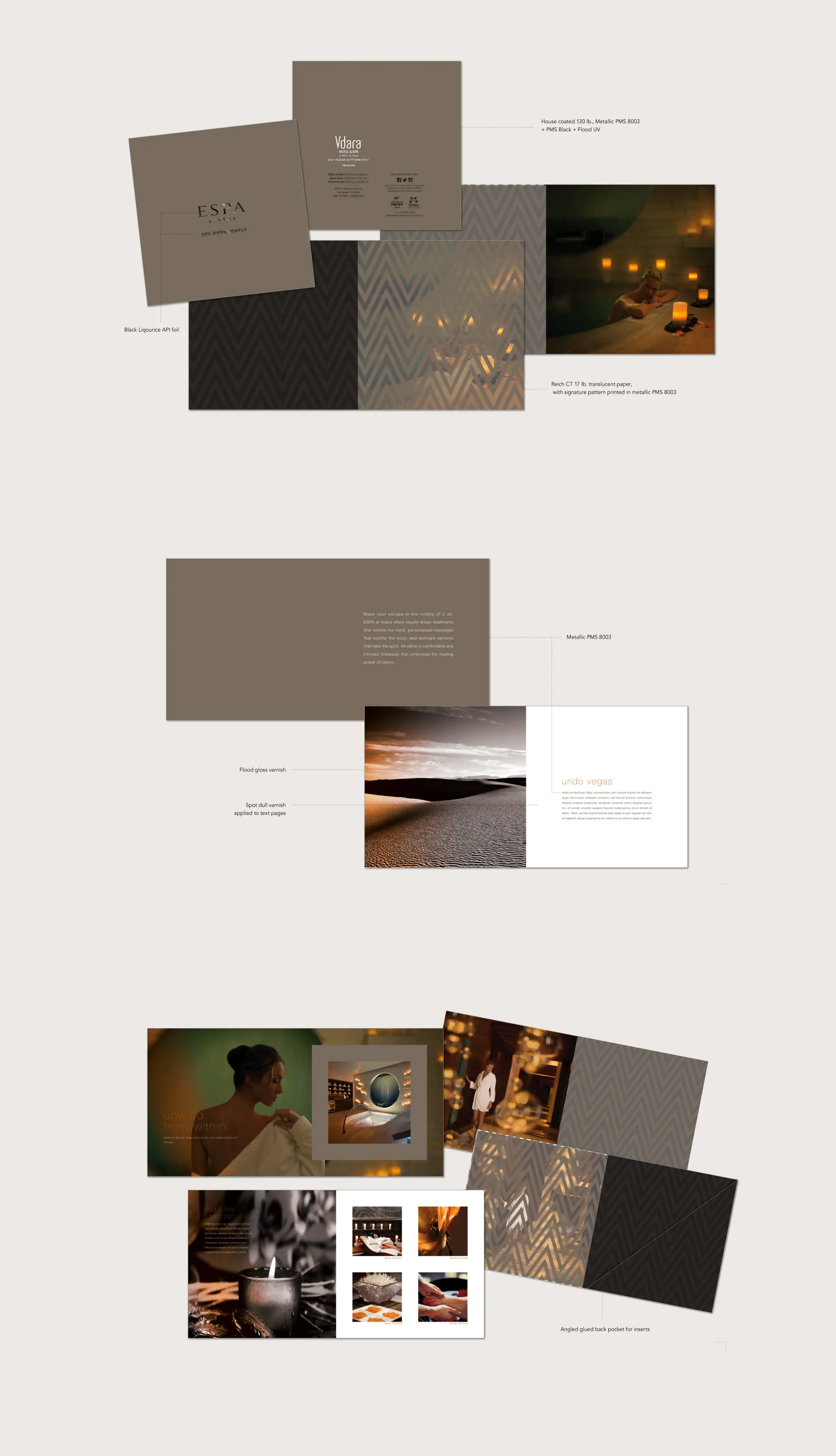 Layout design concepts for brochure pages. Groups of page spreads.