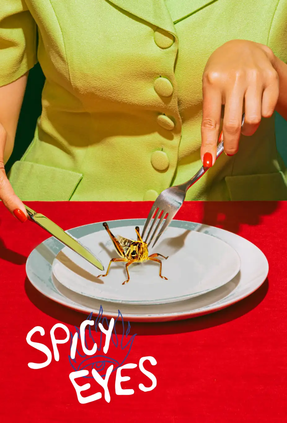 Spicy Eyes brand poster design: Woman sitting in front of a grasshopper on a white plate.