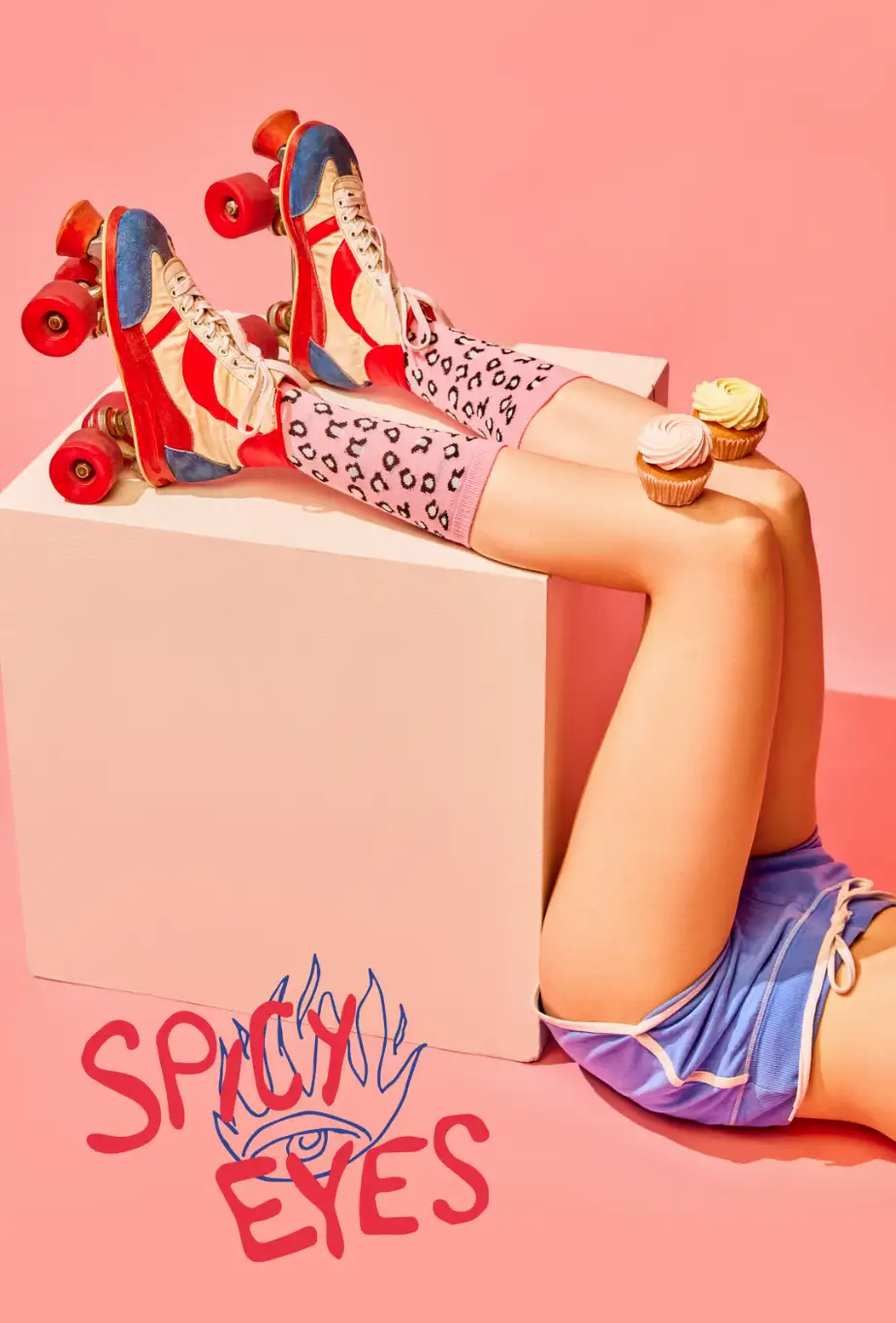 Spicy Eyes brand poster design: Woman laying on floor with roller skates and cupcakes.