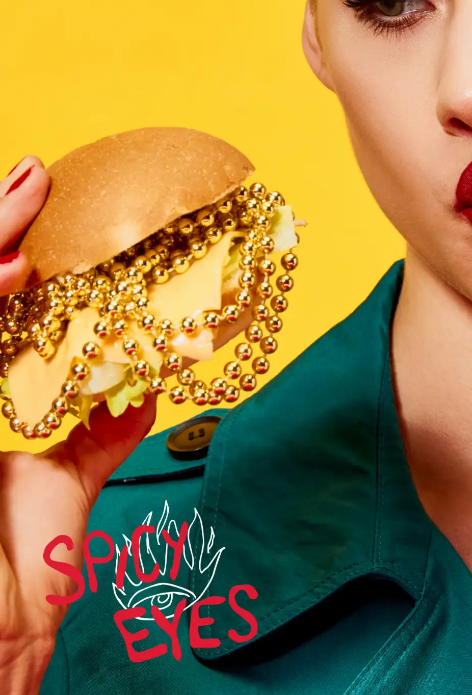 Spicy Eyes brand poster design: Woman holding a burger stacked with mardi gras beads.