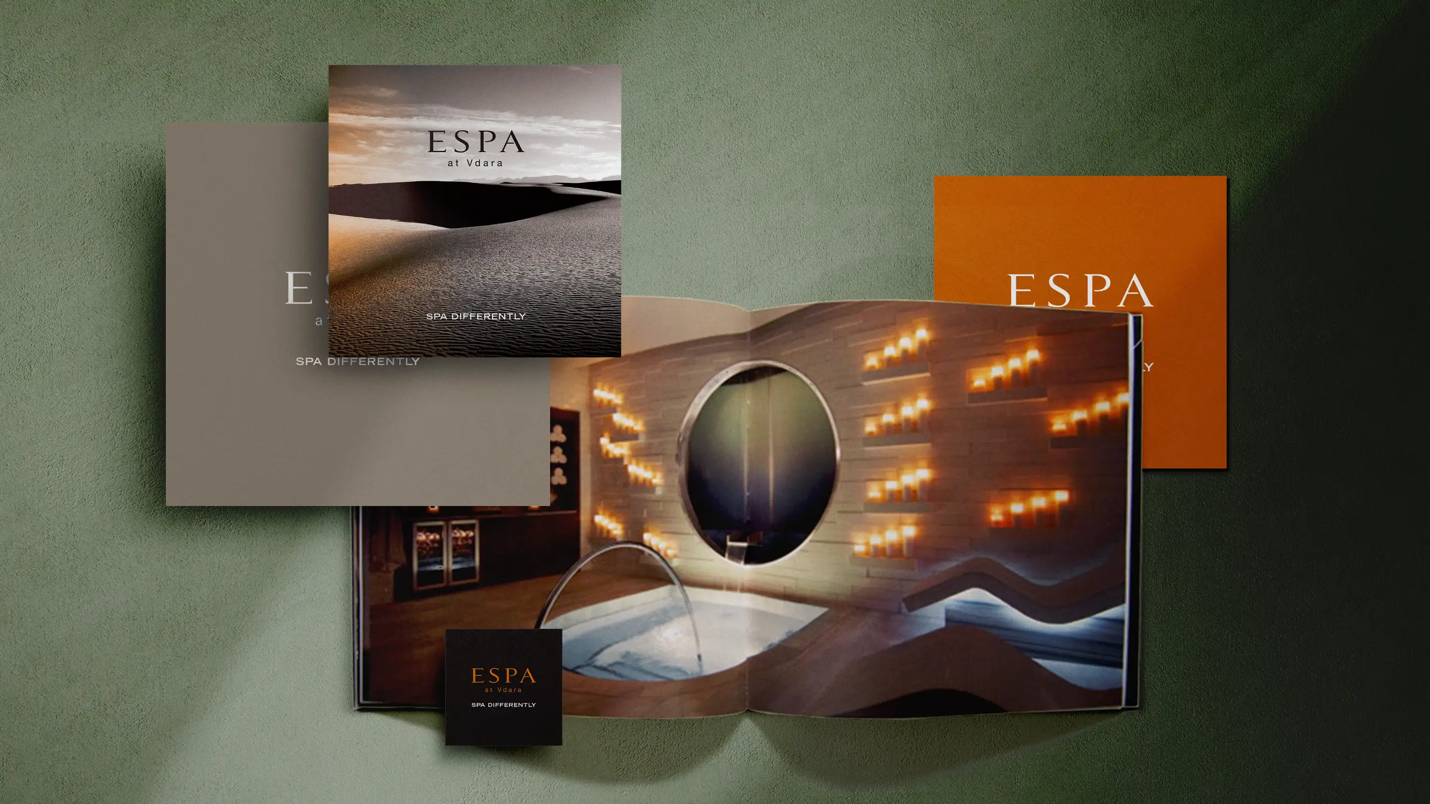 Collateral print design for Espa at Vdara spa and salon, including square brochure, offer card, comment card and ammenity card.